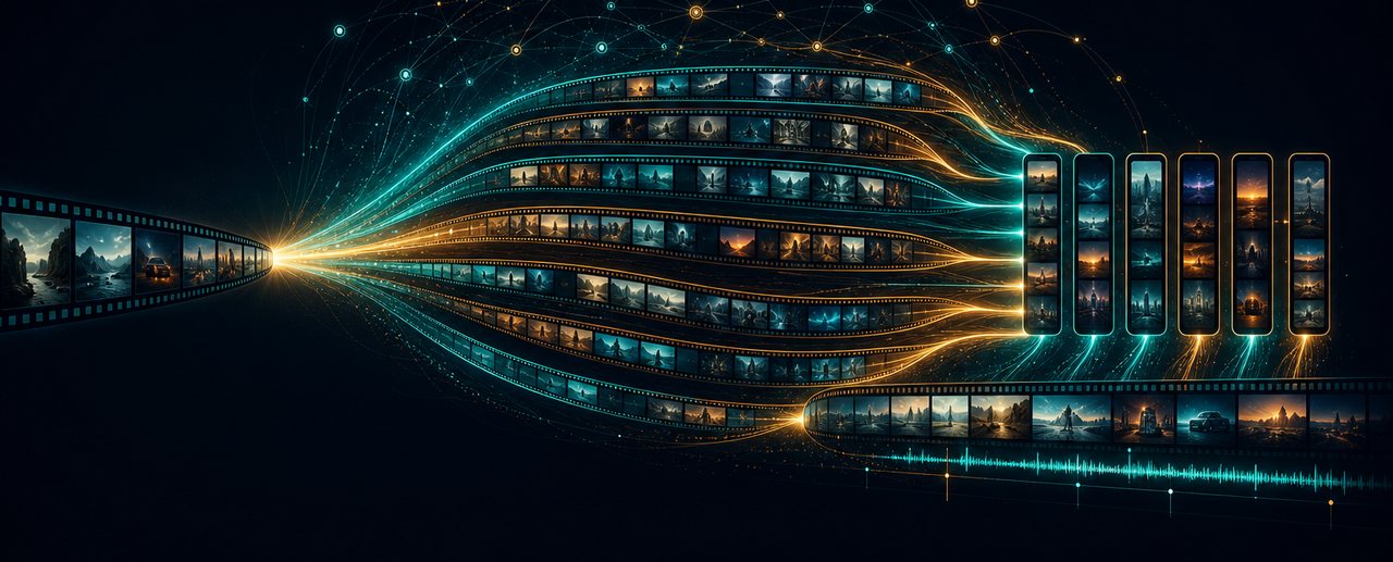 A film strip fanning out into parallel glowing streams that converge into vertical phone-shaped clips and one long timeline